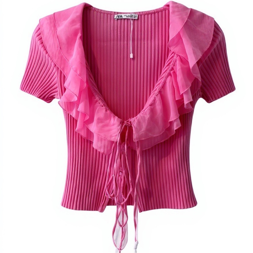 Zara bright pink ruffle crop top